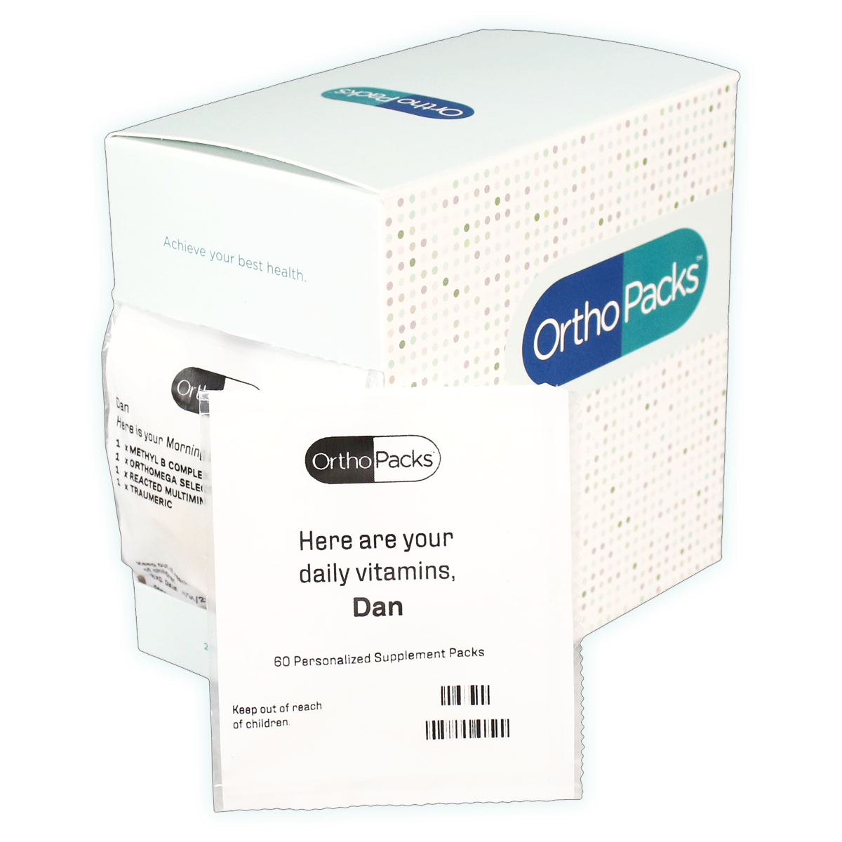 OrthoPacks box photo OrthoPacks packet leaning on box three quarter right top view photo image